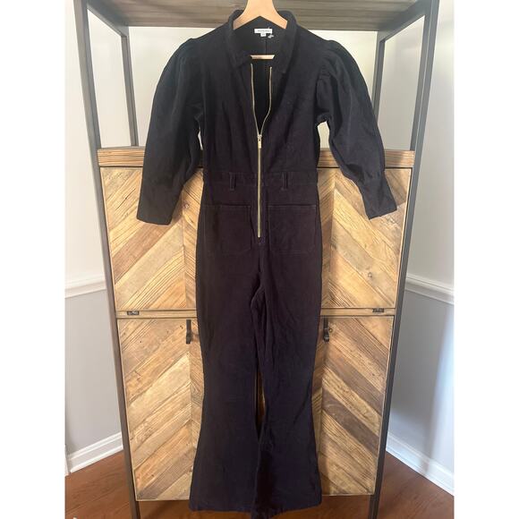 We Wore What 70's Corduroy Jumpsuit Puff Sleeves Gold Zipper in Black Small - Picture 2 of 10